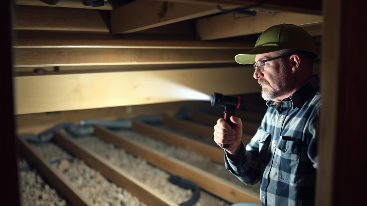 Inspector examining a foundation wall for termite mud tubes
