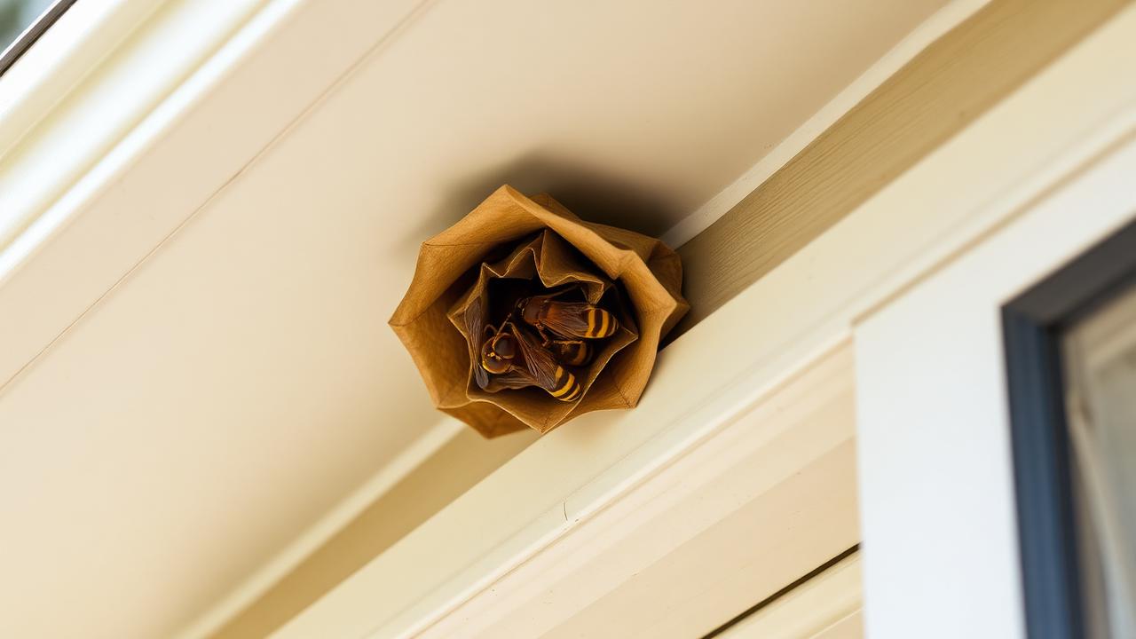 Paper wasp nest built under the eave of a residential house soffit on a summer day