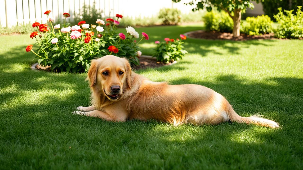 Dog resting on a shaded backyard lawn beside a flower bed in a Salt Lake Valley yard