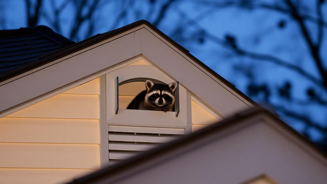 Raccoon peering out from a gable vent on the roofline of a suburban Utah home at dusk